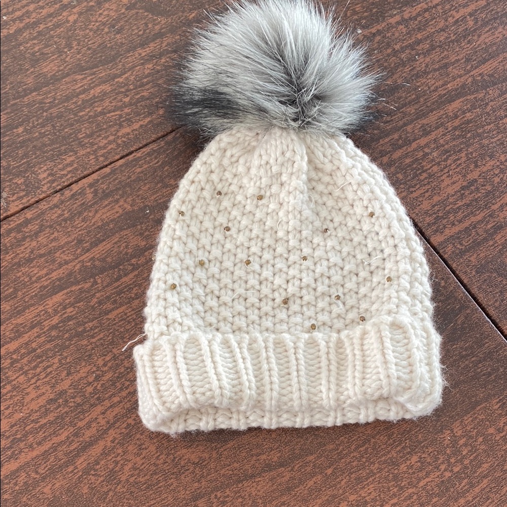 Saks Fifth Avenue Cream and Gray Knit Pom-Pom Beanie